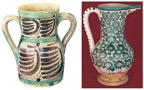 Jarre et picher décorés en vert et manganèse XIVe. Musée de Teruel&nbsp;(es) (Espagne).