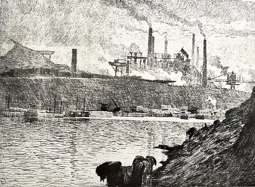 Les terrils nº2, avant 1923 (Gravure ; photographie de la reproduction  imprimée dans L'École de Gravure de Liège de Sander Pierron en 1923)