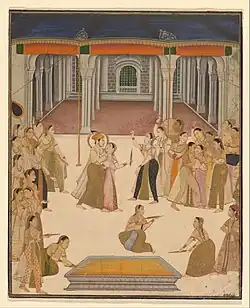 L'empereur moghol Jahângîr célébrant Holi au Zenana. Miniature du XIXe&nbsp;siècle.