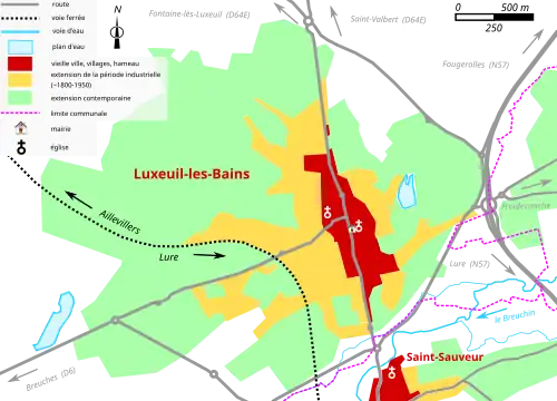Vue d'une carte en couleur représentant les étapes de développement du bâti d'une ville.