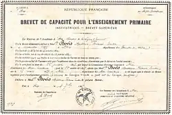 Diplôme du Brevet supérieur obtenu en 1897 à la fin de la 5e&nbsp;année de lycée de jeunes filles.