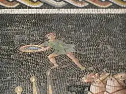 Détail d'une mosaïque figurant un personnage muni d'une bassine