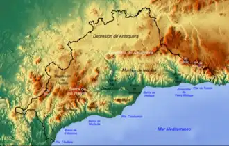 Carte topographique de la province de Malaga avec la sierra Bermeja au sud-ouest.