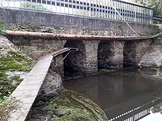 À l'aval, Mès servant d'exutoire à l'étang de Bouzaire. Passerelle permettant la traversée des loutres (dite « loutroduc »), passant sous une des trois arches du ponceau construit en 1859 supportant l'assiette de la route départementale 48.