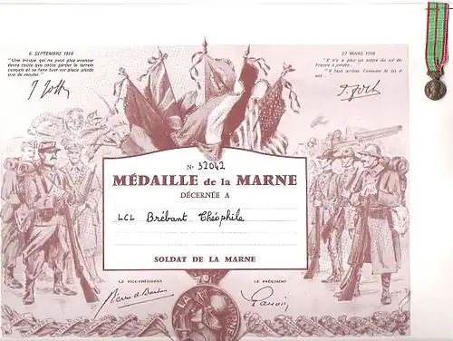 Diplôme décerné au lieutenant Brébant du 48e&nbsp;RI (1re&nbsp;bataille de la Marne 1914).