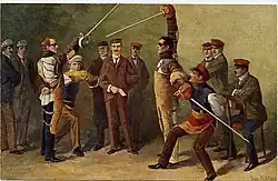 tableau dans les tons de brun représentant un combat traditionnel entre sociétés étudiantes.