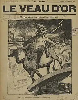 Dessin monochrome d'un diable cornu assis sur une vache, leur support commun menaçant de verser dans le vide.