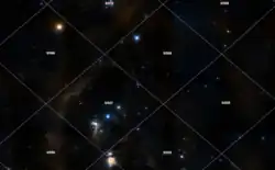 Vu élargie sur la  constellation d'Orion en couleur (DSS) la croix rose marque l'emplacement de ψ1 Orionis - CDS Strasbourg