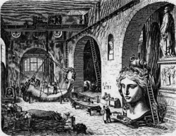 Scène dans la fonderie avec la tête et les bras de la Bavaria.