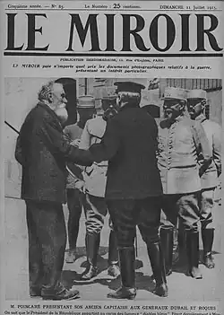 Une du no&nbsp;85, 11 juillet 1915 : Raymond Poincaré de dos, Augustin Dubail et Pierre Auguste Roques.
