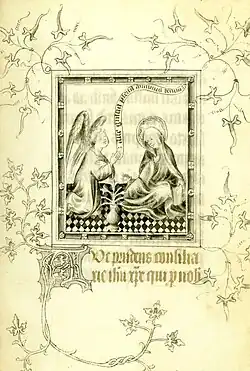 Maître aux fonds blancs, Annonciation, miniature d'un Livre de prières à l'usage de Tournai, vers 1410 (BNF)