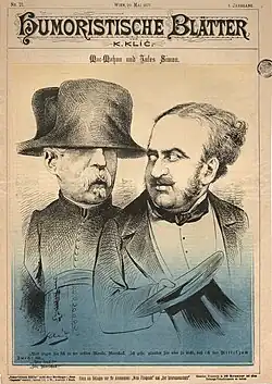 Dessin de presse en couleurs montrant un homme moustachu coiffé d'un bicorne derrière un homme tenant un haut-de-forme à la main.