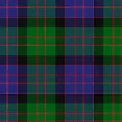 Clan MacDonald : Sur une Base du Clan Campbell, bleu et noir sont séparés par un filet rouge, et les bandes bleues et vertes sont augmentées d'une bande du même, bordée d'un filet simple et limitée d'un filet double (type R4 G2 R2 G32).