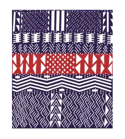 Figures géométriques complexes sur un fond violet et avec une bande centrale horizontale rouge.