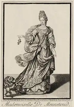 Mlle de Mennetoud, en pied (1695), estampe d'après Robert Bonnart,  Paris, BnF.