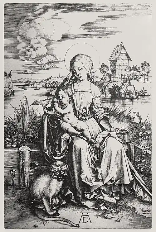 7.  Albrecht Dürer, Madone au singe, s. d. [1498], pointe sèche avec monogramme, 19,1&nbsp;×&nbsp;12,4&nbsp;cm.