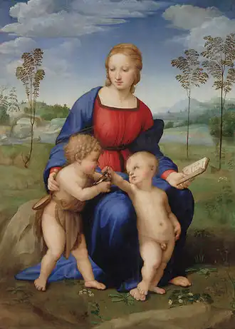 Raphaël - Madone au Chardonneret, 1505-1506Tempera sur bois, 107&nbsp;×&nbsp;77&nbsp;cm  galerie des Offices, Florence.