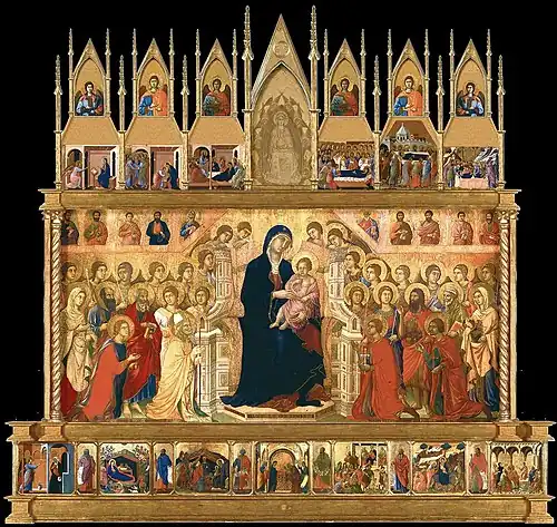 La Maestà. Duccio di Buoninsegna, 1308-1311. 4,12 m x 2,14 m. Museo dell'Opera del Duomo, Sienne : partie centrale de ce retable démembré. Ici, l'ensemble reconstitué.