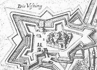 Citadelle de Mayence par Matthäus Merian (Topographia Hassiae et regionum vicinarum) : on discerne au centre des fortifications l'abbaye marquée d'un 2