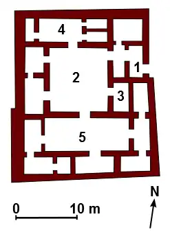 Une des résidences mises au jour dans le quartier du Merkes. 1. vestibule 2. cour principale 3. toilettes 4. cuisine 5. pièces résidentielles privées.