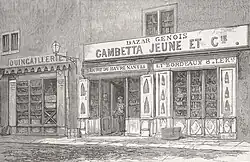 Gravure de presse montrant la devanture d'un commerce vu depuis la rue.