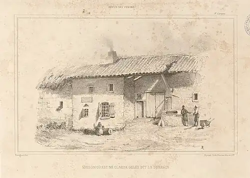 Estampe de Charles Pensée représentant la maison où est né Claude Gellée à Chamagne.