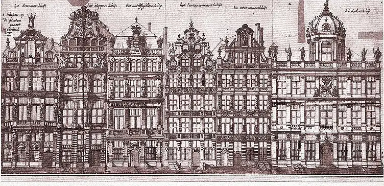 La Maison de la Brouette (deuxième à droite) et ses voisines.Dessin de Ferdinand-Joseph Derons (1727).