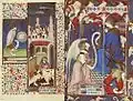 Exemple de double page : au recto l'Annonciation, la Vierge étant assise de dos pour souligner sa surprise ; au verso : calendrier de février avec un homme se chauffant les pieds à la cheminée et la vignette de l'Ancien Testament illustrant la séparation des éléments dans la Genèse