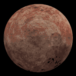Une sphère rougêatre avec des impacts tourne de façon saccadée.