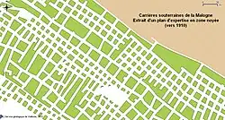 Carrières souterraines de la Malogne (Cuesmes). Extrait d'un plan montrant la méthode d'exploitation par chambres et piliers abandonnés (vers 1910).