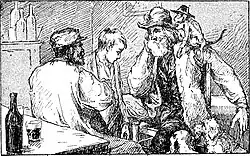 Gravure en noir et blanc, montrant un enfant et deux adultes dont l'un d'eaux porte un capucin sur l'épaule gauche.