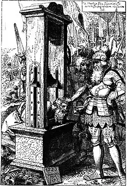 Manlius utilise une machine romaine pour décapiter son fils. Gravure de Heinrich Aldegraver.