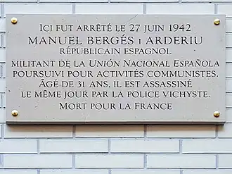 Plaque en mémoire de Manuel Bergés i Arderiu.