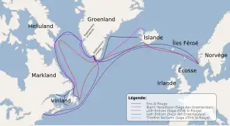  Carte des possibles différentes routes de navigation maritime au Groenland, Vinland (Terre-Neuve), Helluland (l'île de Baffin) et Markland (Labrador) parcourus par les personnages des sagas islandaises, principalement Saga d'Erik le Rouge et Saga des Groenlandais.