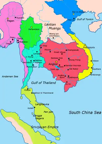 Asie du Sud-Est au XIe&nbsp;siècleRouge : Empire khmer Rose : Royaume de PaganVert : Hariphunchai Bleu clair : Royaume de Lavo Jaune : Champa Bleu : Dai VietVert pâle : Srivijaya