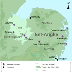 Carte situant les différents lieux mentionnés dans l'article. Babingley est au nord, Cnobheresburg, Rumburgh et Dunwich à l'est, Walton et Felixstowe au sud-est, Crowland, Ramsey, Ely et Soham à l'ouest (dans une région de marais) et Bury St Edmunds au centre