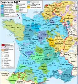Carte en couleurs des provinces françaises au XVe&nbsp;siècle.