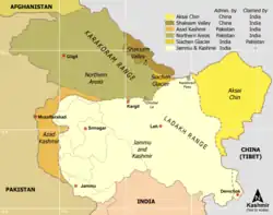 Carte des territoires administrés et réclamés par la Chine, l'Inde et le Pakistan.