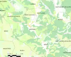 Carte élémentaire montrant les limites de la commune, les communes voisines, les zones de végétation et les routes