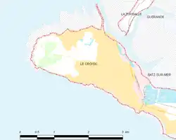 Carte montrant le territoire de la commune et les localités limitrophes.