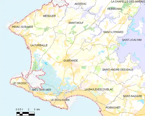 Carte montrant le territoire de la commune et les localités limitrophes.