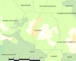 Carte simplifiée en couleurs montrant le territoire de Fleurines en relation avec ses communes limitrophes