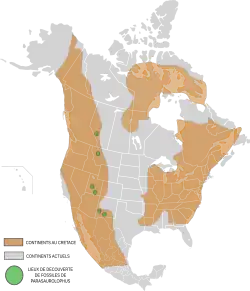 Carte de répartition des fossiles de Parasaurolophus sur l'Amerique du Nord.