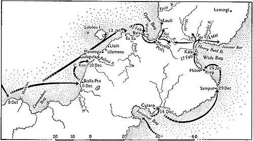 Black and white map of central New Britain marked with many locations mentioned in the article, and arrows showing the main movements of Australian forces