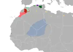 Aire de diffusion des langues berbères (le kabyle est en violet).