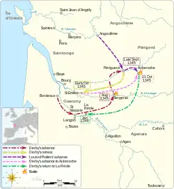 Carte du sud-ouest de la France en 1345 montrant les principaux mouvements de troupes entre août et novembre.