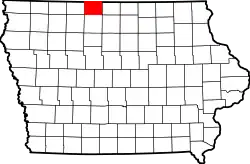 Image shows a map of Iowa highlighting the defunct Bancroft county.