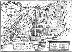 gravure représentant un plan de propriété vu du dessus avec jardins et bâtiments.