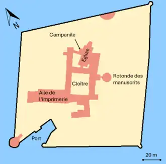 Carte couleur montrant les différents édifices présents sur l'île.