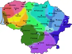 Aire de diffusion des dialectes du lituanien.